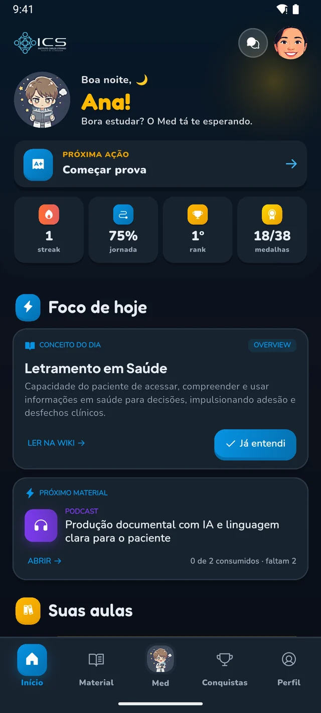 Tela inicial do app com saudação, sequência de dias, progresso da jornada e o conceito do dia.